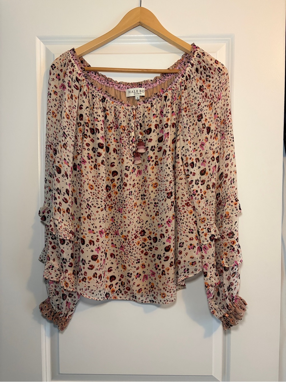 Hale Bob | Cream and Pink Floral Animal Print Peasant Blouse - oversized
